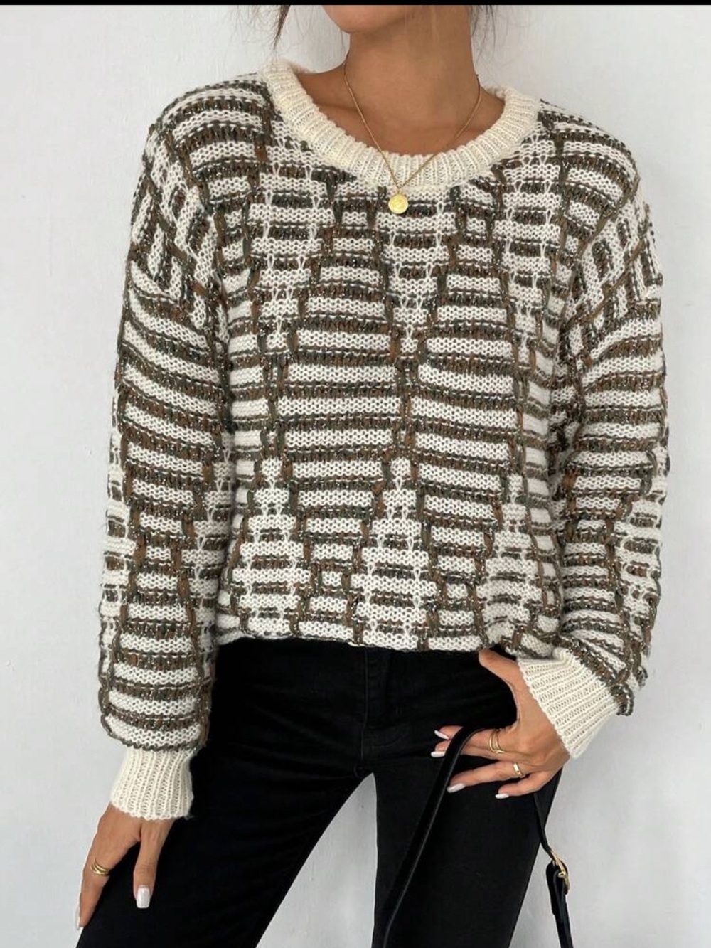 Chiquease cream & Brown Geometric Knit Crewneck Sweater S m BNWOT